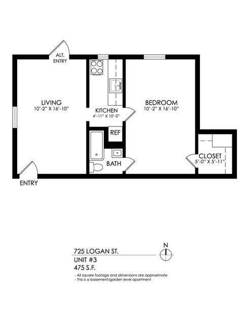 Floor plan for 1 bed, 1 bath, 475 sqft